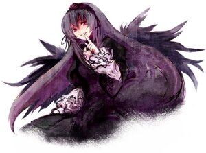 Rating: Safe Score: 0 Tags: 1girl black_hair black_wings cowboy_shot dress finger_to_mouth frilled_sleeves frills hairband image lolita_hairband long_hair long_sleeves looking_at_viewer red_eyes rozen_maiden shushing simple_background solo suigintou very_long_hair white_background wings yonko User: admin
