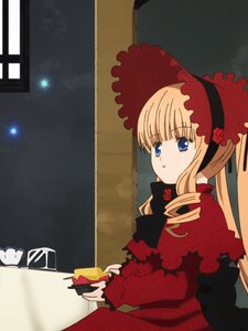 Rating: Safe Score: 0 Tags: 1 1girl blonde_hair blue_eyes bonnet bow cup dress drill_hair image indoors long_hair long_sleeves red_dress shinku sitting solo teacup window User: admin