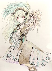 Rating: Safe Score: 0 Tags: 1girl bangs dress eyebrows_visible_through_hair feathers frills full_body hairband image long_hair long_sleeves looking_at_viewer parted_lips red_eyes ribbon solo suigintou traditional_media wings User: admin