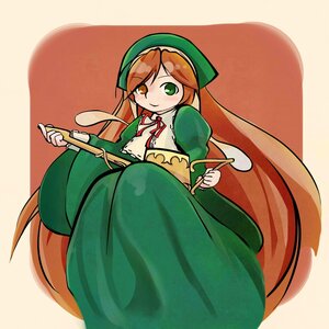 Rating: Safe Score: 0 Tags: 1girl brown_hair dress green_dress green_eyes hat instrument long_hair long_sleeves looking_at_viewer puffy_sleeves sitting smile solo suiseiseki very_long_hair User: hujle