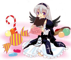 Rating: Safe Score: 0 Tags: 1girl black_wings blush candy dress food frills full_body hairband image juliet_sleeves long_hair long_sleeves open_mouth puffy_sleeves silver_hair sitting solo suigintou wings User: admin