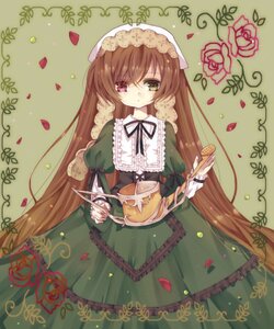 Rating: Safe Score: 0 Tags: 1girl brown_hair dress flower frills green_dress green_eyes heterochromia image long_hair long_sleeves looking_at_viewer petals red_eyes rose rose_petals solo suiseiseki very_long_hair watering_can User: admin