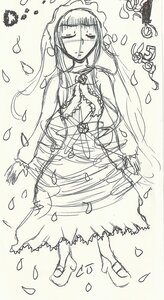 Rating: Safe Score: 0 Tags: 1girl closed_eyes dress flower greyscale image long_hair long_sleeves monochrome petals rose_petals shinku sketch solo veil User: admin