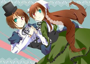 Rating: Safe Score: 0 Tags: 2girls blue_dress brown_hair dress drill_hair frills green_dress green_eyes hat heterochromia holding_hands image long_hair long_sleeves looking_at_viewer multiple_girls pair red_eyes short_hair siblings sisters smile souseiseki suiseiseki top_hat twins very_long_hair User: admin