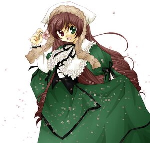 Rating: Safe Score: 0 Tags: 1girl :d brown_hair collar cowboy_shot dress flower frills green_dress green_eyes hat hatano_yuuka head_scarf heterochromia holding holding_flower image long_hair long_sleeves looking_at_viewer open_mouth red_eyes ribbon rozen_maiden simple_background skirt_hold smile solo striped striped_background suiseiseki twintails vertical_stripes very_long_hair white_background User: admin