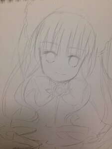 Rating: Safe Score: 0 Tags: 1girl bangs closed_mouth eyebrows_visible_through_hair frills greyscale image long_hair looking_at_viewer monochrome shinku simple_background sketch smile solo traditional_media upper_body User: admin