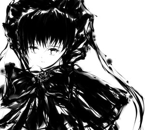 Rating: Safe Score: 0 Tags: 1girl bangs blush closed_mouth greyscale image long_hair looking_at_viewer monochrome shinku simple_background smile solo twintails white_background User: admin