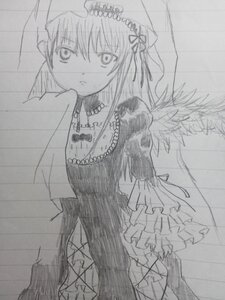 Rating: Safe Score: 0 Tags: 1girl black_wings blush dress feathered_wings frills greyscale image long_hair long_sleeves looking_at_viewer monochrome simple_background solo standing suigintou traditional_media very_long_hair wings User: admin