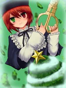Rating: Safe Score: 0 Tags: 1girl blush dress frills grass green_eyes hat heterochromia holding image long_sleeves looking_at_viewer red_eyes short_hair solo souseiseki star_(symbol) User: admin