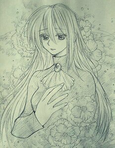 Rating: Safe Score: 0 Tags: 1girl bangs brooch eyebrows_visible_through_hair flower hair_between_eyes image long_hair long_sleeves looking_at_viewer monochrome solo suigintou traditional_media upper_body very_long_hair User: admin