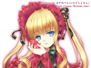 Rating: Safe Score: 0 Tags: 1girl blonde_hair blue_eyes bonnet bow bowtie dress flower green_bow image long_hair long_sleeves looking_at_viewer pink_flower pink_rose rose shinku simple_background smile solo twintails white_background User: admin