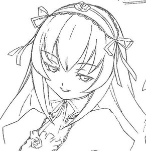 Rating: Safe Score: 0 Tags: 1girl dress eyebrows_visible_through_hair flower greyscale hair_ribbon hairband image lineart long_hair looking_at_viewer monochrome ribbon rose simple_background smile solo suigintou upper_body white_background User: admin
