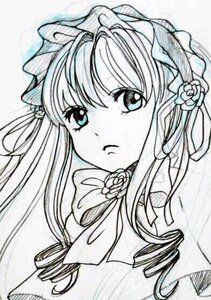 Rating: Safe Score: 0 Tags: 1girl bonnet drill_hair expressionless flower hair_ornament hat image long_hair looking_at_viewer monochrome portrait ribbon ringlets rose shinku simple_background solo traditional_media twin_drills upper_body white_background User: admin