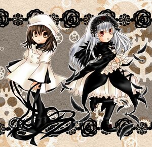 Rating: Safe Score: 0 Tags: 2girls boots brown_hair dress hairband hat image long_hair long_sleeves multiple_girls red_eyes silver_hair solo suigintou white_hair wings User: admin