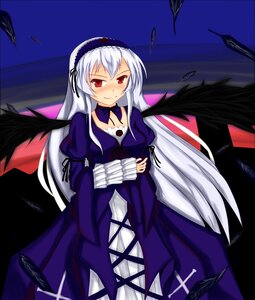 Rating: Safe Score: 0 Tags: 1girl black_wings blush detached_collar dress feathers frills hairband image juliet_sleeves long_hair long_sleeves looking_at_viewer puffy_sleeves red_eyes silver_hair smile solo suigintou wings User: admin