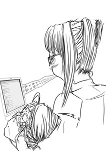 Rating: Safe Score: 0 Tags: 1boy 1girl auto_tagged glasses greyscale hair_intakes image kanaria monochrome ponytail solo User: admin