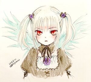 Rating: Safe Score: 0 Tags: 1girl blush eyebrows_visible_through_hair feathered_wings flower hair_flower hair_ornament image looking_at_viewer red_eyes ribbon solo suigintou traditional_media twintails upper_body white_hair white_wings wings User: admin