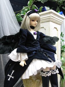 Rating: Safe Score: 0 Tags: 1girl bangs black_legwear blonde_hair curtains doll dress flower frills gothic_lolita lace lips lolita_fashion long_hair long_sleeves rose solo standing suigintou thighhighs wings User: admin