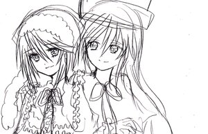 Rating: Safe Score: 0 Tags: 2girls alice_margatroid capelet hat image long_hair long_sleeves looking_at_viewer monochrome multiple_girls neck_ribbon pair ribbon short_hair simple_background sketch smile souseiseki suiseiseki white_background User: admin