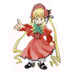 Rating: Safe Score: 0 Tags: 1girl black_footwear blonde_hair blush bonnet bow bowtie dress full_body image long_hair long_sleeves looking_at_viewer pointing red_dress shinku shoes sidelocks simple_background solo standing twintails very_long_hair white_background User: admin