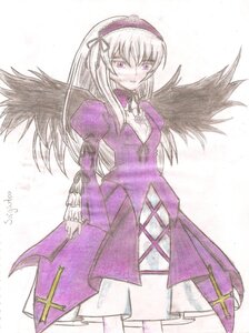 Rating: Safe Score: 0 Tags: 1girl black_wings detached_collar dress flower frills hairband image long_hair long_sleeves looking_at_viewer puffy_sleeves simple_background solo suigintou traditional_media white_background wings User: admin