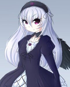 Rating: Safe Score: 0 Tags: 1girl black_dress black_wings blue_background closed_mouth dress feathered_wings frills grey_background hairband image juliet_sleeves lolita_fashion lolita_hairband long_hair long_sleeves looking_at_viewer puffy_sleeves ribbon rose silver_hair simple_background smile solo suigintou wings User: admin