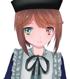 Rating: Safe Score: 0 Tags: 1girl apron bangs black_headwear brown_eyes brown_hair closed_mouth dress eyebrows_visible_through_hair frills hat image looking_at_viewer ribbon short_hair simple_background smile solo souseiseki striped upper_body white_background User: admin