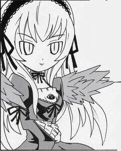 Rating: Safe Score: 0 Tags: 1girl black_wings blush detached_collar dress frills greyscale hairband image lolita_hairband long_hair long_sleeves looking_at_viewer monochrome simple_background solo suigintou upper_body white_background wings User: admin