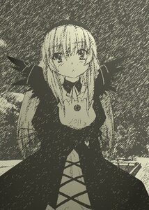 Rating: Safe Score: 0 Tags: 1girl bangs bow dress eyebrows_visible_through_hair greyscale hair_between_eyes halftone image long_hair looking_at_viewer monochrome solo suigintou User: admin
