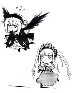 Rating: Safe Score: 0 Tags: 2girls black_wings blush cross dress hairband long_hair long_sleeves looking_at_viewer monochrome multiple_girls open_mouth shinku simple_background suigintou white_background wings User: admin