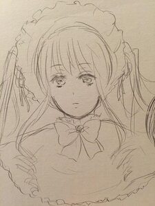 Rating: Safe Score: 0 Tags: 1girl bangs bow bowtie closed_mouth dress eyebrows_visible_through_hair frills image long_hair looking_at_viewer monochrome ribbon shinku sketch solo traditional_media upper_body User: admin