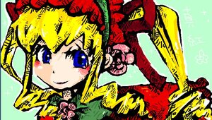 Rating: Safe Score: 0 Tags: 1girl blonde_hair blue_eyes flower green_background hat image looking_at_viewer rose shinku smile solo User: admin