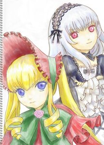 Rating: Safe Score: 0 Tags: 2girls blonde_hair blue_eyes bonnet bow bowtie dress drill_hair flower frills green_bow image long_hair long_sleeves looking_at_viewer marker_(medium) multiple_girls pair rose shinku simple_background suigintou traditional_media twin_drills white_background User: admin