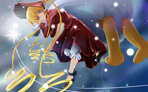 Rating: Safe Score: 0 Tags: 1girl blonde_hair blue_eyes blush broom_riding dress hat image long_sleeves looking_at_viewer red_dress ribbon shinku short_hair solo twintails User: admin