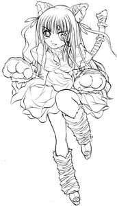 Rating: Safe Score: 0 Tags: 1girl animal_ears barasuishou cat_ears dress full_body greyscale image lineart long_hair looking_at_viewer monochrome paw_gloves paws smile solo tiger_tail User: admin