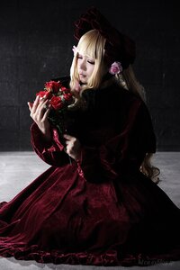 Rating: Safe Score: 0 Tags: 1girl black_dress blonde_hair dress flower frills hair_ornament hat rose shinku sitting solo User: admin