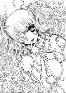 Rating: Safe Score: 0 Tags: 1girl finger_to_mouth flower greyscale image kirakishou lineart long_hair looking_at_viewer monochrome rose smile solo thorns white_rose User: admin