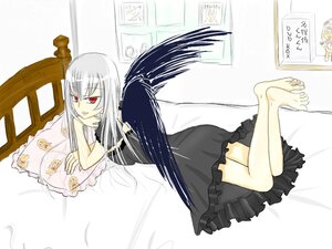 Rating: Safe Score: 0 Tags: 1girl barefoot bed black_dress dress feet image long_hair lying on_stomach red_eyes solo suigintou wings User: admin