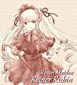 Rating: Safe Score: 0 Tags: 1girl dress frills hairband image long_hair long_sleeves looking_at_viewer monochrome shinku smile solo twintails very_long_hair User: admin