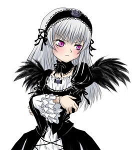 Rating: Safe Score: 0 Tags: 1girl artist_request black_wings blush cowboy_shot detached_collar dress frilled_sleeves frills frown hairband image lolita_hairband long_hair long_sleeves looking_at_viewer pink_eyes ribbon rozen_maiden silver_hair simple_background solo suigintou white_background wings User: admin