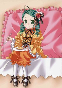 Rating: Safe Score: 0 Tags: 1girl :t bed bloomers blush bow dress drill_hair eating food food_on_face fork frills green_eyes green_hair image kanaria long_sleeves pillow ribbon shoes sitting solo spoon twin_drills User: admin