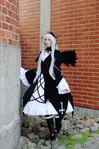 Rating: Safe Score: 0 Tags: 1girl black_footwear boots brick_wall closed_eyes dress flower full_body hat long_hair long_sleeves solo standing suigintou very_long_hair wall white_hair User: admin