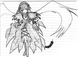 Rating: Safe Score: 0 Tags: 1girl boots dress feathered_wings feathers flower frills full_body greyscale hairband image long_hair long_sleeves looking_at_viewer monochrome ribbon rose smile solo standing suigintou wings User: admin