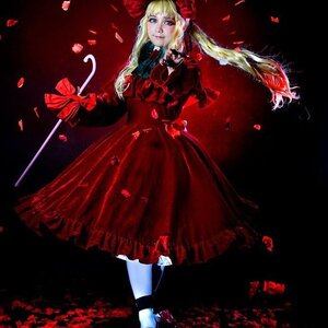 Rating: Safe Score: 0 Tags: 1girl blonde_hair blue_eyes bow dress flower long_hair petals red_dress rose shinku solo twintails User: admin