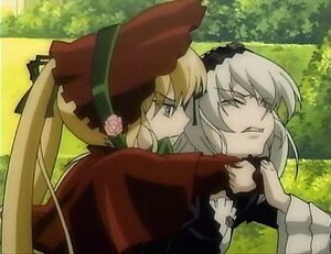 Rating: Safe Score: 0 Tags: 2girls blonde_hair bonnet image long_sleeves multiple_girls outdoors pair rose shinku silver_hair suigintou User: admin