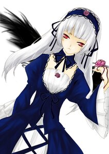 Rating: Safe Score: 0 Tags: 1girl bangs black_wings detached_collar dress expressionless flower frills hairband holding holding_flower image long_hair long_sleeves looking_at_viewer red_eyes ribbon rose silver_hair simple_background solo suigintou white_background wings User: admin