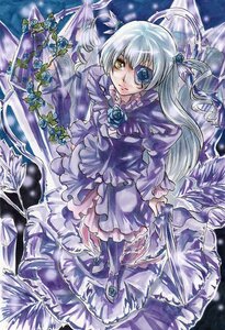 Rating: Safe Score: 0 Tags: 1girl barasuishou blue_flower blue_rose dress eyepatch flower frills hair_ornament image long_hair rose silver_hair solo traditional_media yellow_eyes User: admin