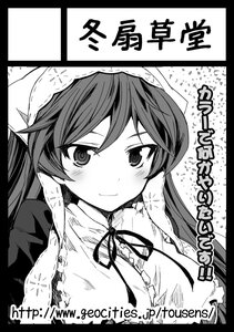 Rating: Safe Score: 0 Tags: 1girl black_border blush border breasts circle_cut greyscale head_scarf image letterboxed long_hair looking_at_viewer monochrome neck_ribbon pointy_ears ribbon smile solo suiseiseki User: admin
