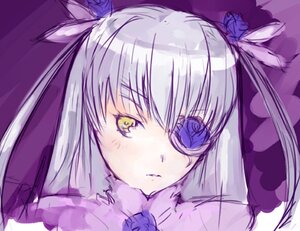 Rating: Safe Score: 0 Tags: 1girl bangs barasuishou eyebrows_visible_through_hair flower hair_ornament image long_hair looking_at_viewer purple_flower purple_rose purple_theme ribbon rose silver_hair sketch solo yellow_eyes User: admin