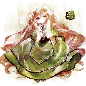 Rating: Safe Score: 0 Tags: 1girl blush brown_hair dress frills green_dress green_eyes heterochromia image long_hair long_sleeves looking_at_viewer red_eyes smile solo suiseiseki very_long_hair User: admin